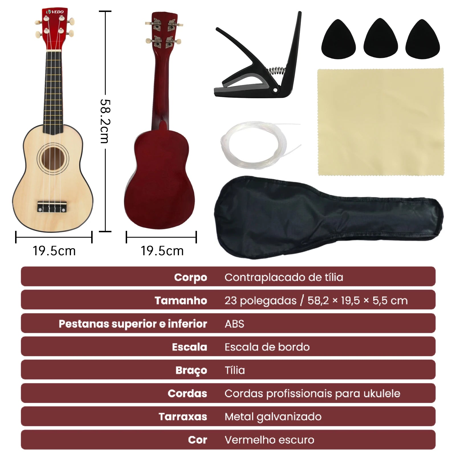 Ukulele de 23 polegadas para adultos, crianças e iniciantes
